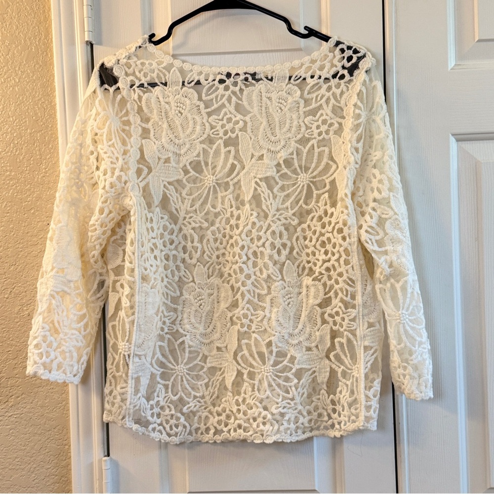 Ivory Floral Lace Appliqué & Mesh FEVER Long Sleeve Blouse Sz M Sheer Lined Top - Picture 3 of 4